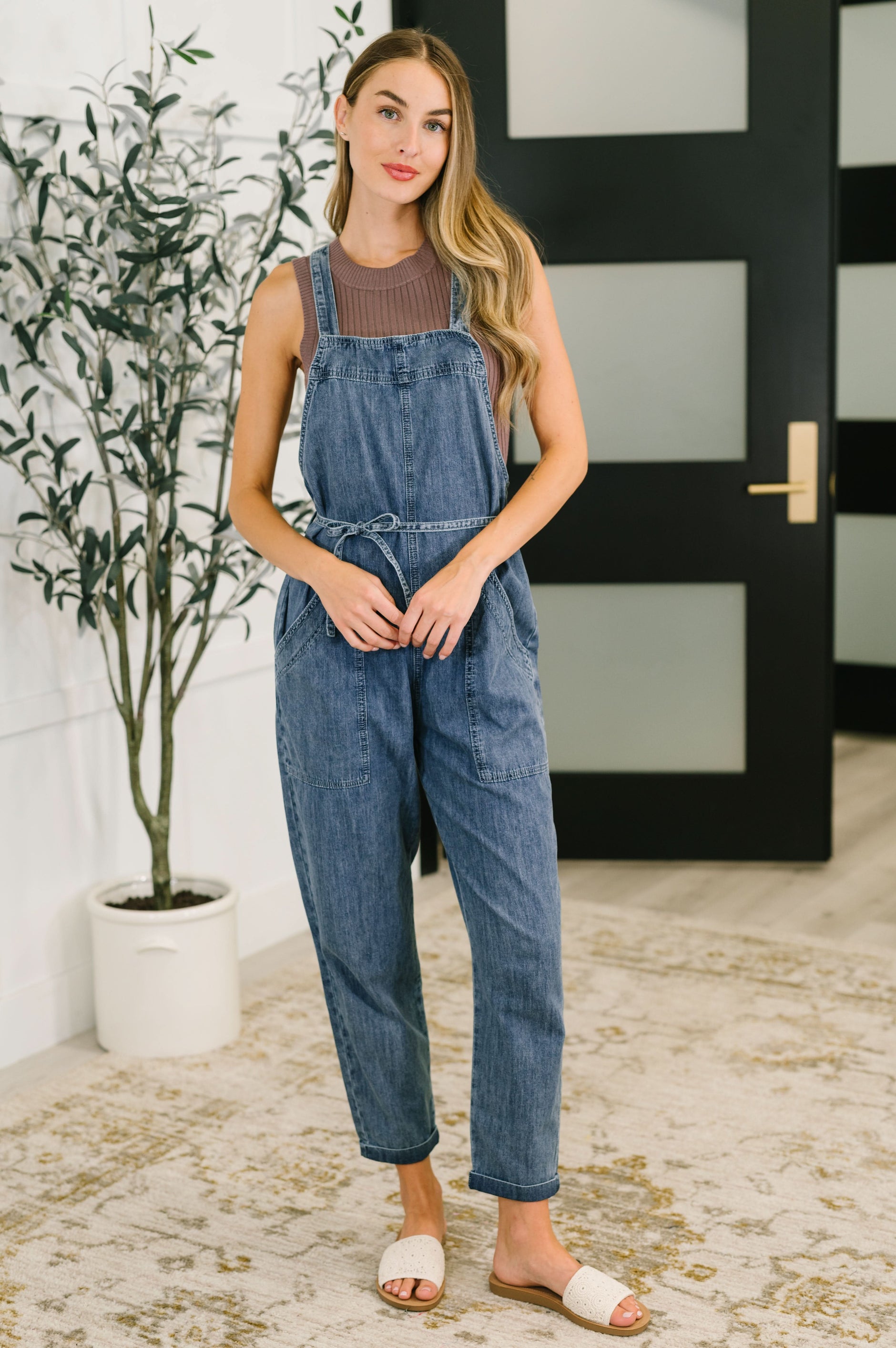 Too Cute to Compute Waist Tie Overalls in Dark Blue - SwagglyLife Home & Fashion